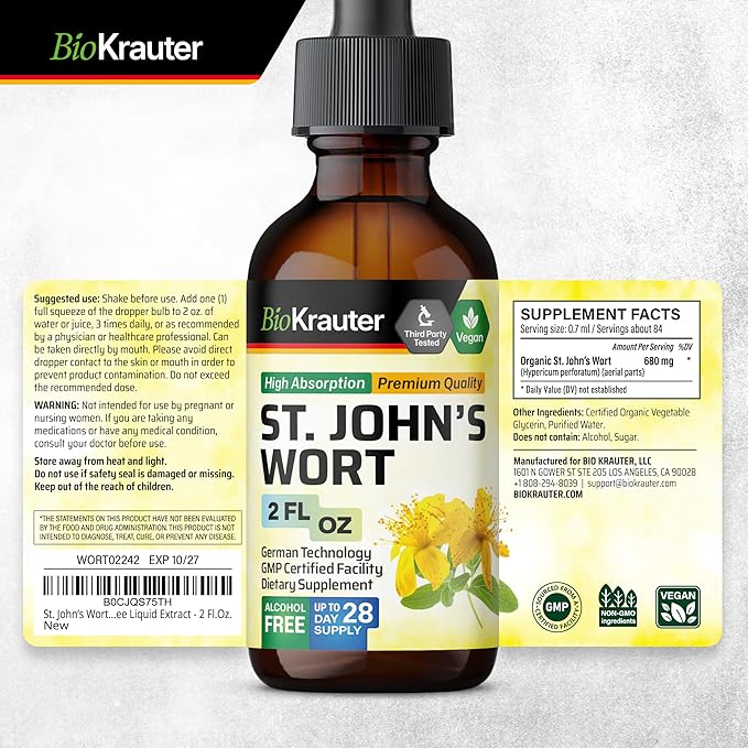 BIO KRAUTER® St Johns Wort for Calm &amp Mood Support - Vegan St. John's Wort for Relaxation &amp Emotional Wellness Support - Calm Drops 2 Fl.Oz. 28-Day Supply Alcohol &amp Sugar Free Herbal Sup