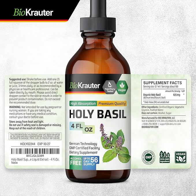 BIO KRAUTER® Holy Basil for Calm &amp Relaxation Support - Vegan Holy Basil Supplement 625 mg per Serving for Mood Support - 4 Fl.Oz. 56-Day Supply Alcohol &amp Sugar Free Herbal Adrenal Supplemen