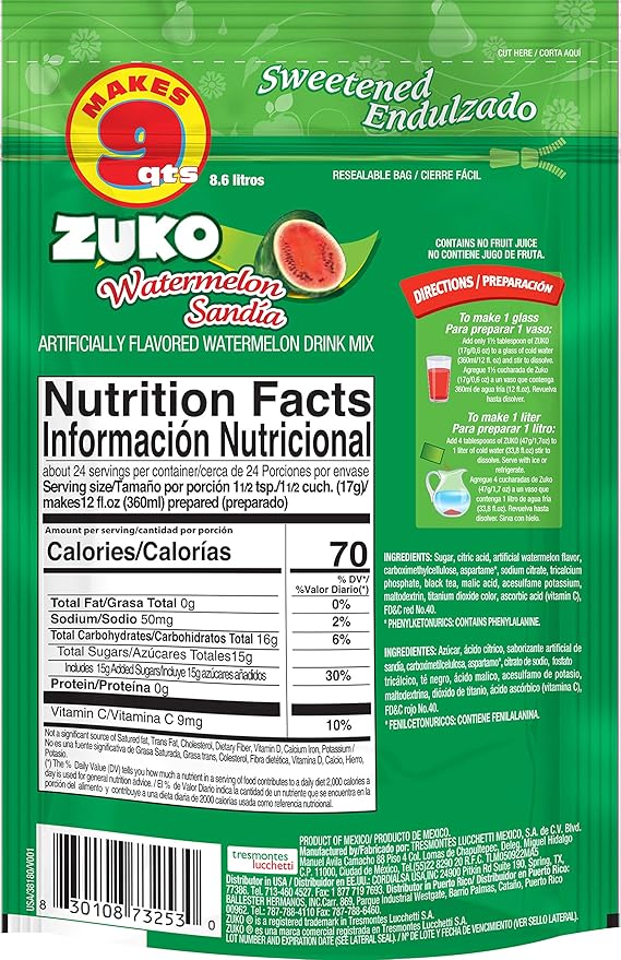 Zuko Watermelon Instant Powder Drink Family Pack 14.1 oz Pack of 6