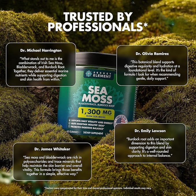 Secret Element Sea Moss Gummies 1300MG for Women and Men Irish Sea Moss with Bladderwrack &amp Burdock Root Vegan Sea Moss Gummies Sugar Free Non-GMO Apple Flavor 60 Gummies