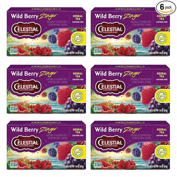 Celestial Seasonings Wild Berry Zinger Herbal Tea Caffeine Free 20 Tea Bags Box (Pack of 6)