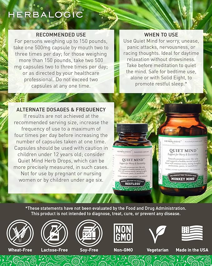 Herbalogic - Quiet Mind Herb Capsules - Non-Sedating Promotes a Feeling of Zen-Like Calm - Eases Anxious Worry and Panicky Mood - Based on The Traditional Chinese Formula GUI Pi Tang - 30 Cap Count