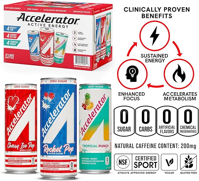 Accelerator Energy Drink Variety Pack 12oz can Zero Sugar Sustained Energy from 100% Natural Caffeine (200mg from Green Coffee Bean &amp Green Tea extract) (Pack of 24)