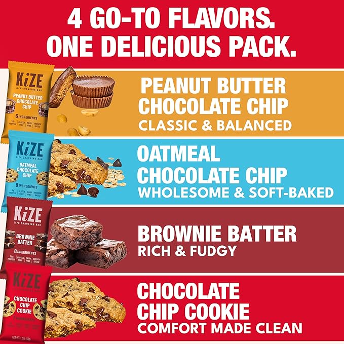 KiZE Energy Bars - Best Sellers Variety Pack - Gluten Free Dairy Free Options Non-GMO and High Protein Meal Replacement Energy Bars Clean and Simple Food Ingredients - 7-10g High Protein Snacks (