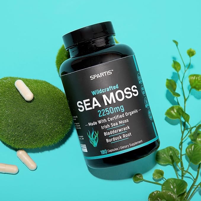 Certified Organic Sea Moss Capsules 2250mg Wildcrafted Irish Sea Moss Burdock Root Bladderwrack Supplement Raw Seamoss Pills &amp Powder (Pack of 1 at 180-Caps)