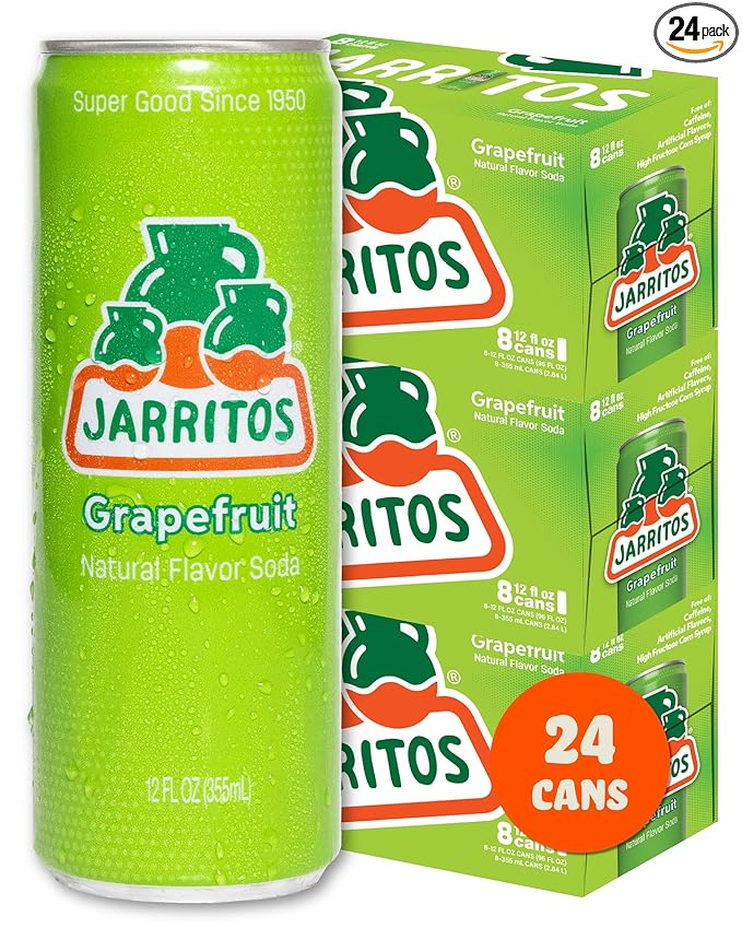 Jarritos - Mexican Soda Soft Drinks Grapefruit (12 oz 355ml) 8 Cans (3 Boxes of 8) - Real Cane Sugar - 0g Fat - Made in Mexico - Natural Flavor Soda Pop - Party &amp BBQ Beverages