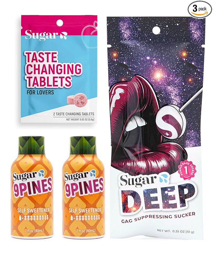 Sugar Splash Taste Sweeter Down There - 2 Taste Changing Tablets 2 9Pines Pineapple Shots &amp 1 DEEP Gag Suppressing Sucker Date Night Pack - Body Fluid Sweetener and Flavor Enhancer