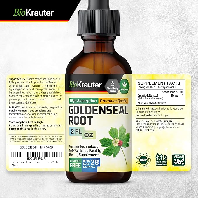BIO KRAUTER® Goldenseal Root - Pure Vegan Goldenseal Tincture 670mg per Serving 2 Fl.Oz 28-Day Supply - Immune &amp Respiratory Support - Liquid Golden Seal for Digestive Support - Alcohol &amp Suga