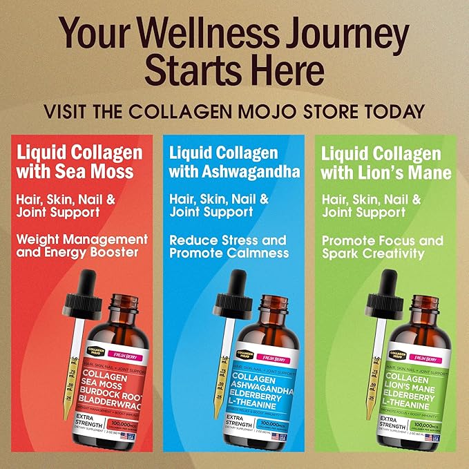 Collagen Mojo Liquid Collagen Peptides with Sea Moss Burdock Root &amp Bladderwrack + Liquid Collagen Peptides with Ashwagandha Elderberry &amp L-Theanine