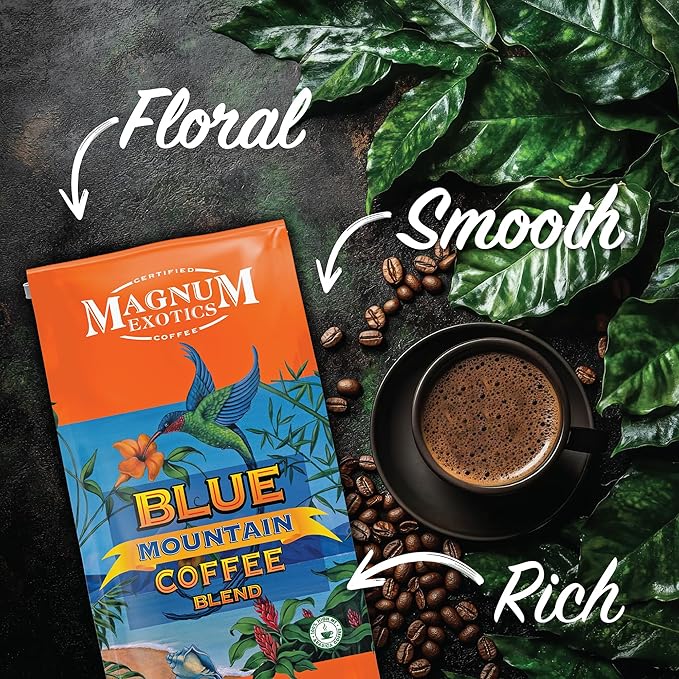 Magnum Exotics Coffee Blue Mountain Blend - Whole Bean Coffee Medium-Light Roast Made from 100% Arabica Beans Rich &amp Smooth Flavor Fresh Roast - Blue Mountain Blend 2 Lb (Pack of 1)
