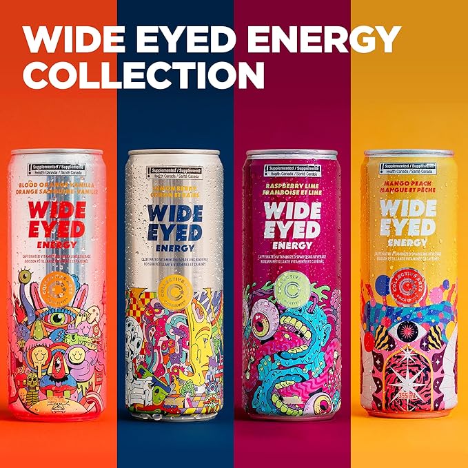 Collective Arts Wide Eyed Energy Drinks | Naturally-Flavored Caffeinated Vitaminized Sparkling Beverage With Fruit Extracts | Raspberry Lime MAX | Pack of 12 | 12 fl oz.(355ml)