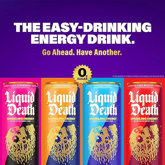 Liquid Death Sparkling Energy - Tropical Terror (Classic Piña Colada) Zero Sugar Energy Drink Unextreme Caffeine 100mg Essential Vitamins 12 Fl Oz (Pack of 12)