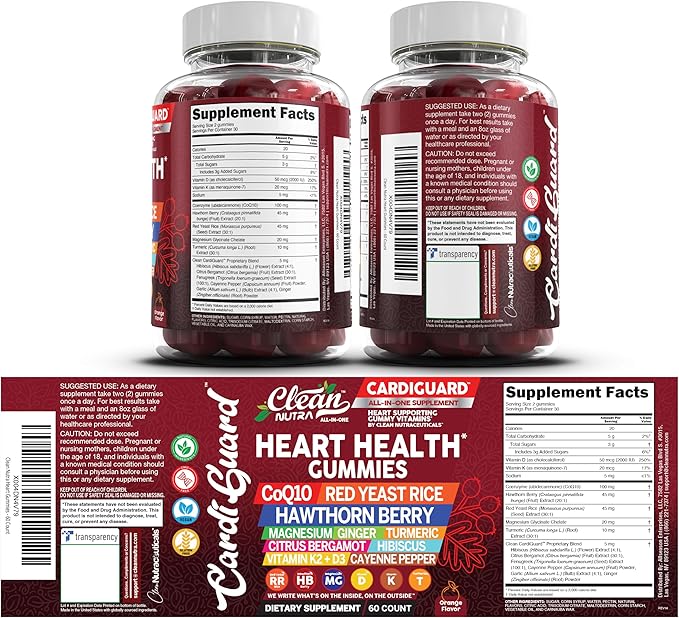 Clean Nutraceuticals Coq10 Gummies | Red Yeast Rice Hawthorn Berry Ginger Turmeric Citrus Bergamot Hibiscus Vitamin K2+D3 Magnesium Glycinate Cayenne Pepper Fenugreek Orange Flavor CardiGuard