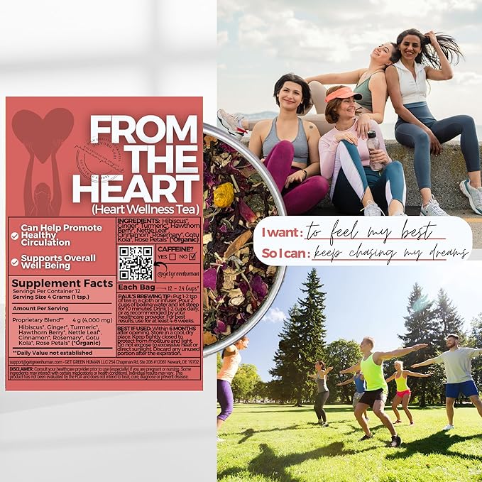 Healthy Heart Loose Leaf Tea w/ Hibiscus Ginger Turmeric | Organic Herbal Tea | 2 oz (57 gram) | Decaf Vegan Healthy ZERO Caffeine Organic Herbs No Natural or Artificial Flavors Resealable Ba