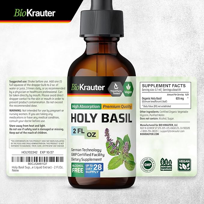BIO KRAUTER® Holy Basil for Calm &amp Relaxation Support - Vegan Holy Basil Supplement 625 mg per Serving for Mood Support - 2 Fl.Oz. 28-Day Supply Alcohol &amp Sugar Free Herbal Adrenal Supplemen