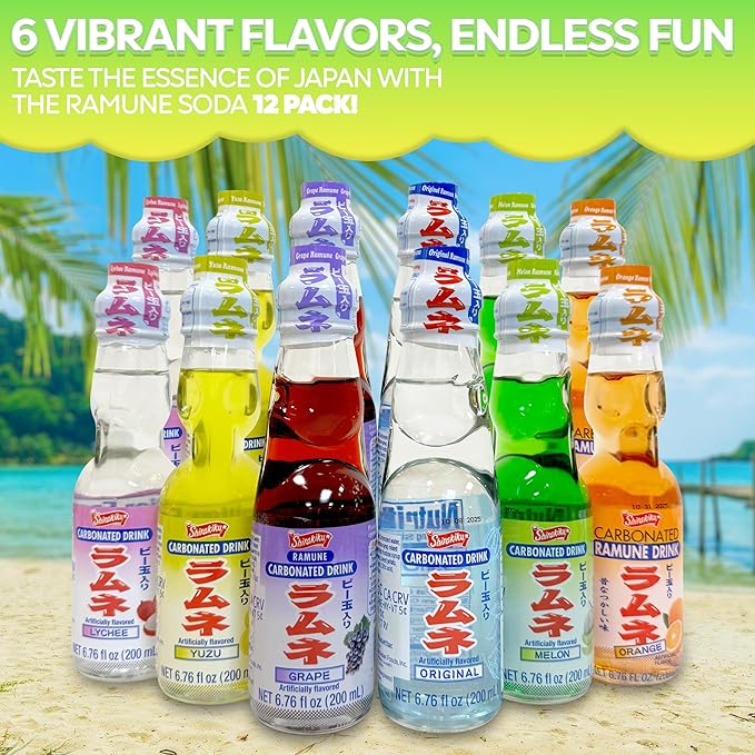 Ramune Japanese Soda Soft Drinks - Sparkling Beverage for Parties Original Yuzu Grape Orange Melon Lychee Flavored Soda Drinks Refreshing Japanese Marble Soda (12 Pack 2 of each flavor)