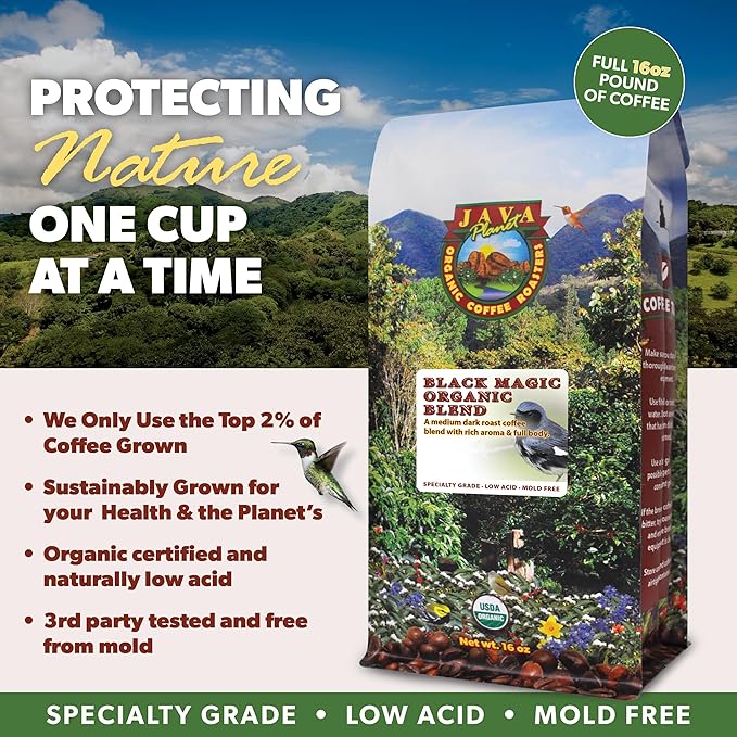 Low Acid Organic Coffee – Whole Bean Mold-Free &amp Stomach Friendly by Java Planet Black Magic Blend Coffee Medium Dark Roast Smooth Full Flavored 1LB Bag