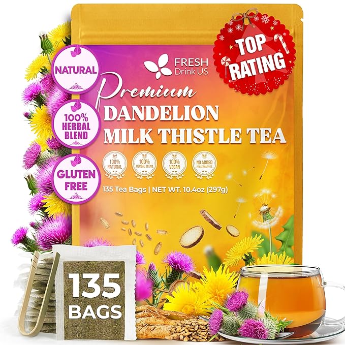 FreshDrinkUS Premium Dandelion Milk Thistle Herbal Tea | 135 Tea Bags | Herbal Blend with Dandelion Root &amp Milk Thistle Seed – Clean Plant-Based Daily Tea Naturally Caffeine Free. Sugar Free. Ve
