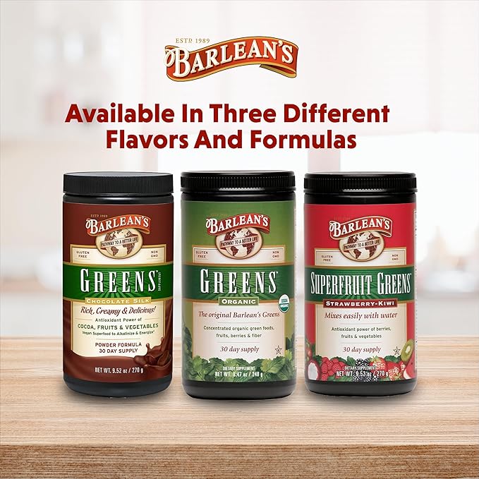 Barlean's Chocolate Greens Powder Daily Fruit and Vegetable Superfood Supplement Green Antioxidant Blend and Fiber Smoothie Drink Mix 9.52 oz