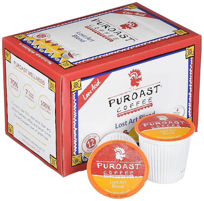 Puroast Low Acid Coffee| Lost Art Single Serve Pods | Medium Roast | High Antioxidants &amp High pH |No Bitter Aftertaste | Reduced Heartburn &amp GERD Friendly | 72 Count - Compatible with Keurig B
