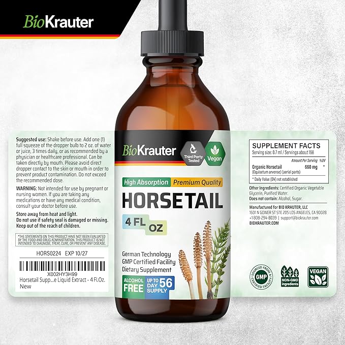 BIO KRAUTER® Horsetail Supplement for Hair Skin &amp Nails - Vegan &amp Pure Horsetail Herb Liquid Drops 660 mg per Serving 4 Fl.Oz. - Silica Hair Supplement - Alcohol &amp Sugar Free - 56 Days of