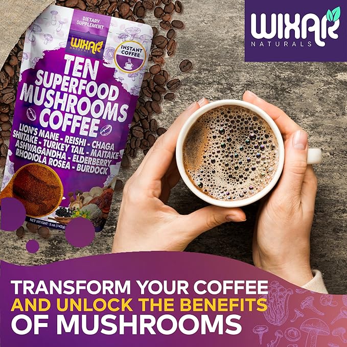 WIXAR Superfood Mushroom Coffee - Instant Coffee Powder Ten Superfood Extracts with Lion's Mane Turkey Tail Reishi Chaga Shiitake Ashwagandha Rhodiola Rosea Elderberry 5oz Mushroom Supplement