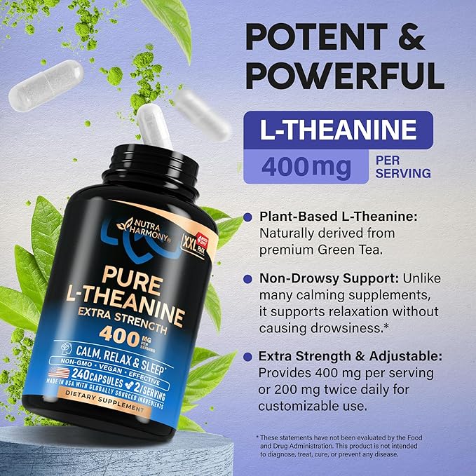 L Theanine 400 mg | L-Theanine Stress Relief | Extra Strength Supplement | Made in USA | Relaxation Sleep &amp Calm Support | For Men &amp Women | Plant Based Non-GMO &amp Gluten-Free | 240 Vegan