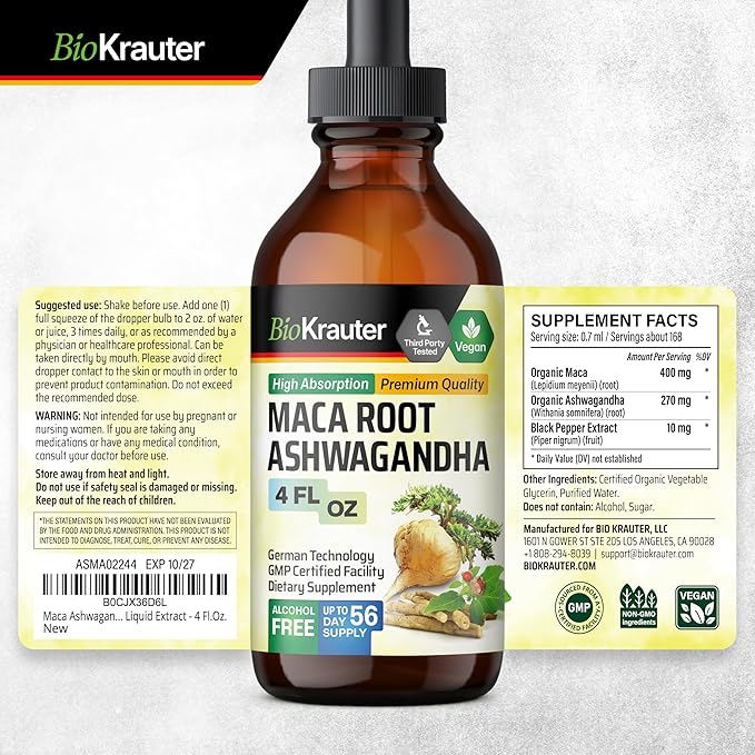 BIO KRAUTER Maca Root and Ashwagandha Tincture - Maca &amp Ashwagandha Supplements for Men &amp Women - Adaptogenic Liquid Supplement for Mood Support - Alcohol and Sugar Free Vegan Drops 4 Fl.Oz.