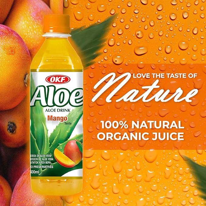 OKF Aloe Vera Drink Juice with Pure Aloe Pulp Variety 16.9 oz. (Mango Pack of 20) Plant Based Drink Korean drinks