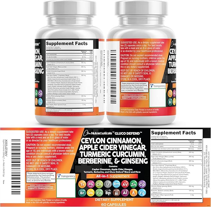 Clean Nutraceuticals Ceylon Cinnamon Capsules + Berberine Turmeric Apple Cider Vinegar Ginseng Bitter Melon Gymnema Milk Thistle Fenugreek Supplement Pills Powder for Men &amp Women