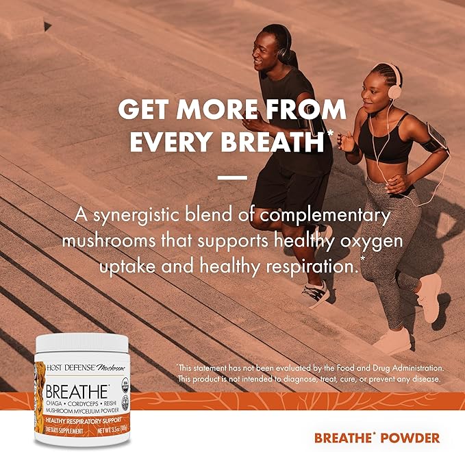 Host Defense Breathe* Powder - Immune &amp Respiratory Support Mushroom Supplement - Herbal Lung Health Support Supplement with Chaga Reishi &amp Cordyceps - 3.5 oz (66 Servings)*