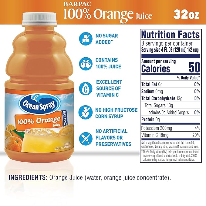 Ocean Spray BarPac Mixer Bottle 100% Orange 32 Ounce (Pack of 12)
