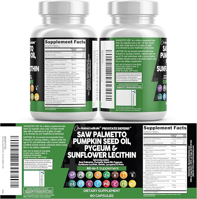 Clean Nutraceuticals Saw Palmetto Pumpkin Seed Oil Pygeum Sunflower Lecithin Stinging Nettle Cranberry - Prostate Supplements for Men with Lycopene - 90 Caps