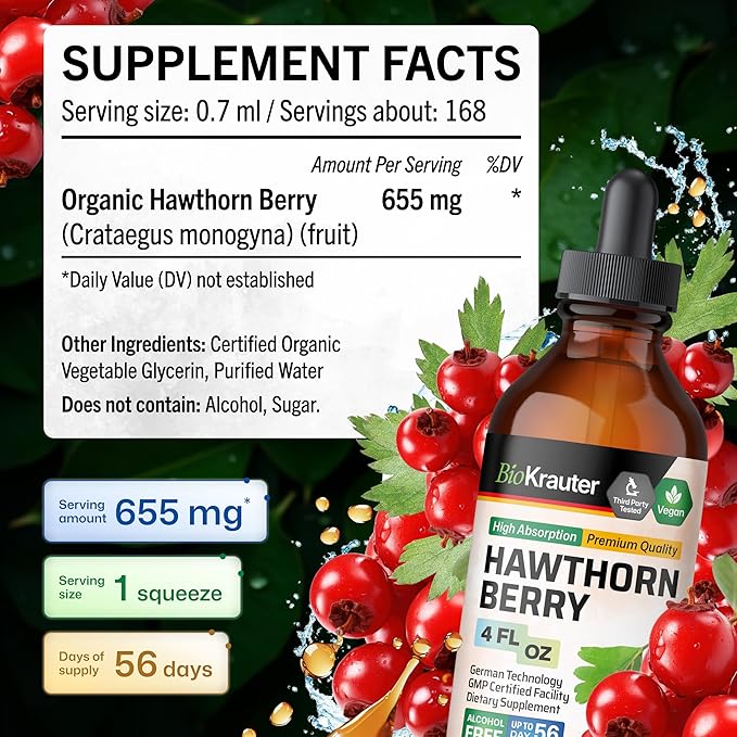 BIO KRAUTER® Hawthorn Berry - Pure Vegan Hawthorne Berry Supplement - Used for Overall Support &amp Daily Wellness - Liquid Drops 655 mg per Serving - Alcohol &amp Sugar Free 4 Fl.Oz 56 Days of Sup