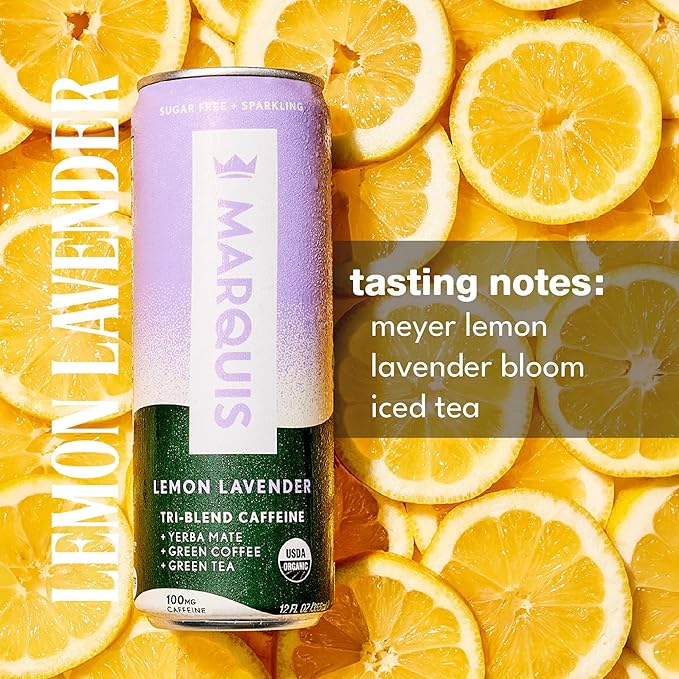 Marquis Natural Energy Drinks Sugar Free Zero Calories 100mg Organic Plant Based Caffeine Yerba Mate Green Tea &amp Green Coffee - Vitamin C &amp B - Lemon Lavender Healthy Energy Drink - 12oz Cans