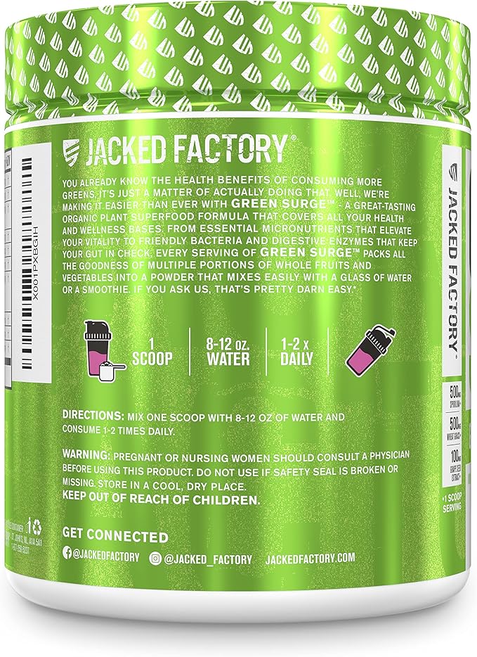 Jacked Factory Green Surge Green Superfood Powder - Keto Friendly Greens Drink w/Spirulina Wheat &amp Barley Grass Organic Greens - Green Tea Extract Probiotics &amp Digestive Enzymes - Mixed Ber