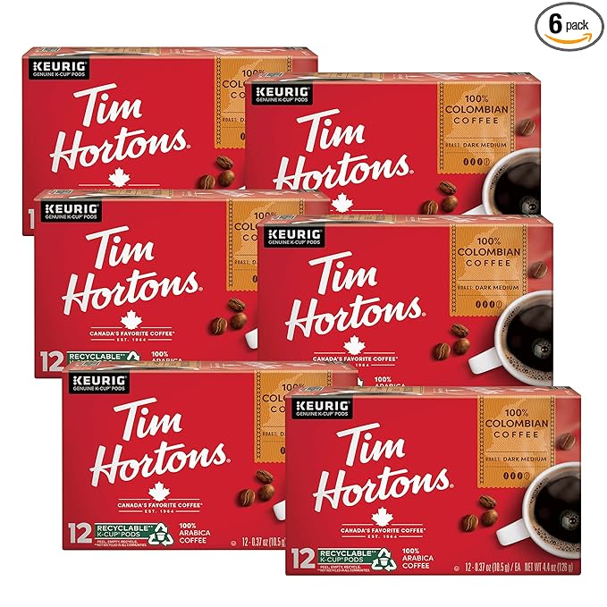 Tim Hortons 100% Colombian MedTim Hortons 100% Colombian Medium Dark Roast Coffee Single-Serve K-Cup Pods Compatible with Keurig Brewers 72ct K-Cups 12 Count (Pack of 6)