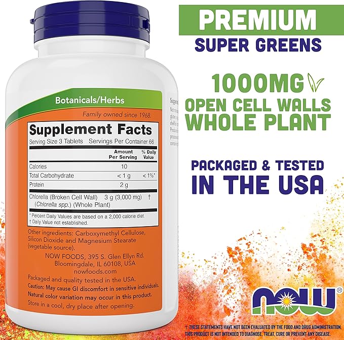 Now Chlorella 1000mg Tablets - 200 Count (Pack of 2) - Natural Occurring Chlorophyll Beta-Carotene - Non-GMO Vegan - Green Super Food Supplement for Women and Men