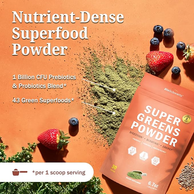 Super Greens Powder Superfood - Greens Powder with Probiotics Prebiotics Digestive Enzymes and 43 Green Superfoods - Chlorophyll Bilberry Chlorella Spirulina Grass - Tastes Amazing - 30 Servings