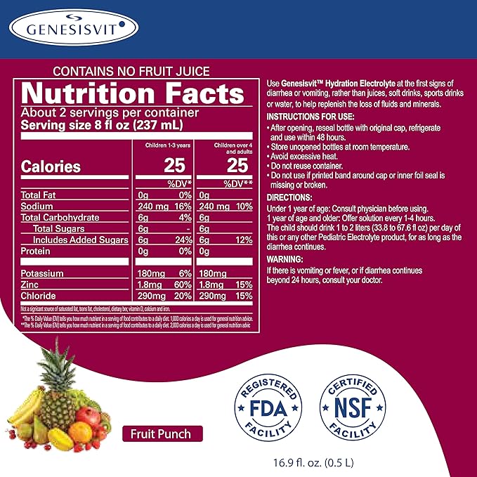 ALFA VITAMINS GenesisVit Electrolyte Solution Hydration Drink with Sodium Potassium Chloride &amp Zinc Fruit Punch Flavor Supports Hydration &amp Immune Health 12 Bottles 16.9 FL OZ Each 12