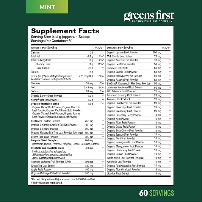 Greens First Original Greens Powder - 49 Superfoods - Organic Fruits &amp Veggies - Prebiotics Probiotics &amp Digestive Enzymes - Antioxidant Smoothie - Dairy Free Vegan &amp Non-GMO (Mint 60 S