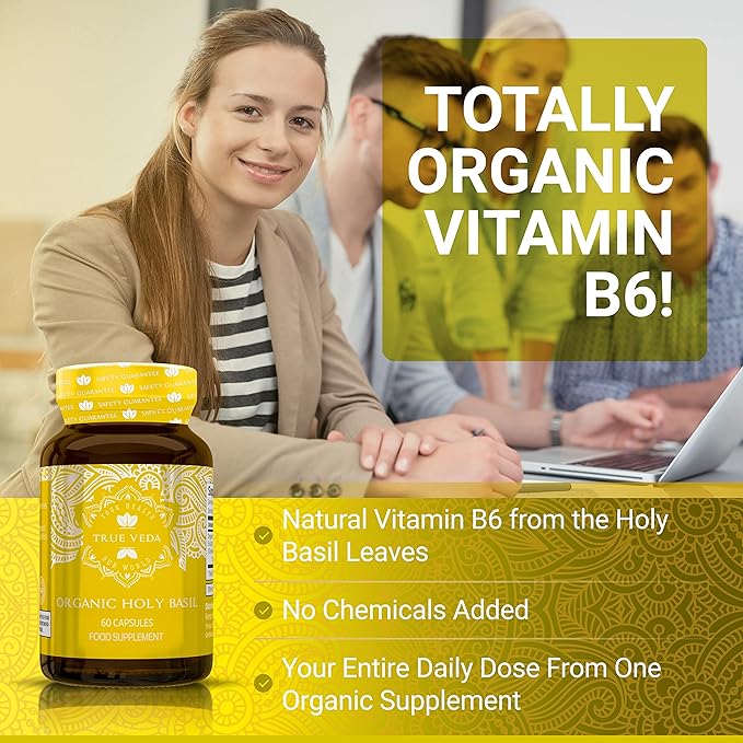 True Veda Holy Basil Leaf Capsules | USDA Organic | Tulsi Holy Basil Supplement | Organic Vitamin B6 | High Strength 2.5% Ursolic Acid Extract | 60 Vegan Pills