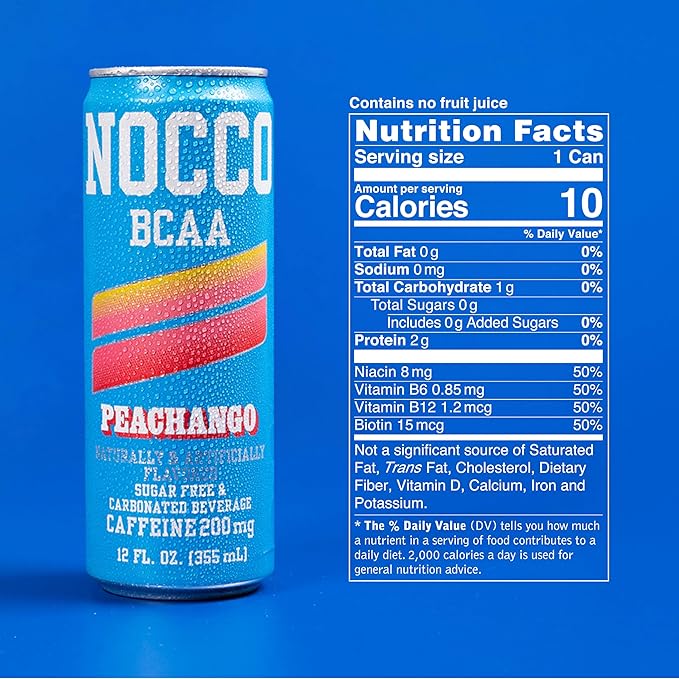 NOCCO BCAA Energy Drink PEACHANGO - 12 Fl Oz (Pack of 12) - 200mg of Caffeine Sugar Free Energy Drinks - Carbonated &amp Low Calorie BCAAs Vitamin B6 B12 &amp Biotin - Grab &amp Go Performance