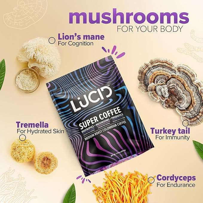 Lucid Superfood Organic Mushroom Coffee with Nootropics - Lion's Mane Tremella Cordyceps &amp Turkey Tail - Instant Mushroom Coffee Focus Brain Health - Alpha GPC L-Theanine Ginko Biloba - USA Ma
