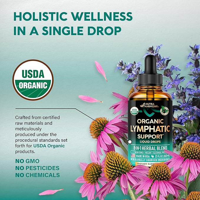 USDA Organic Lymphatic Drainage Supplement - Echinacea | Elderberry | Dandelion | Rosehip | Cleavers | Calendula | Burdock - Made in USA - Lymph System Drops - Immune Support Cleanse &amp Detox 2 f