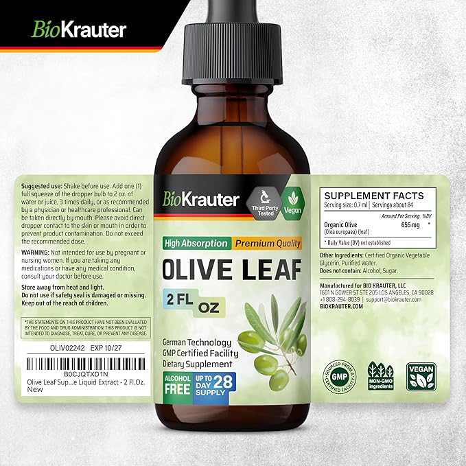 BIO KRAUTER® Olive Leaf Extract for Immune Support - Pure Vegan Oleuropein &amp Hydroxytyrosol Supplement - Used for Daily Wellness &amp Antioxidant Support - Alcohol &amp Sugar Free 2 Fl.Oz 28-Da