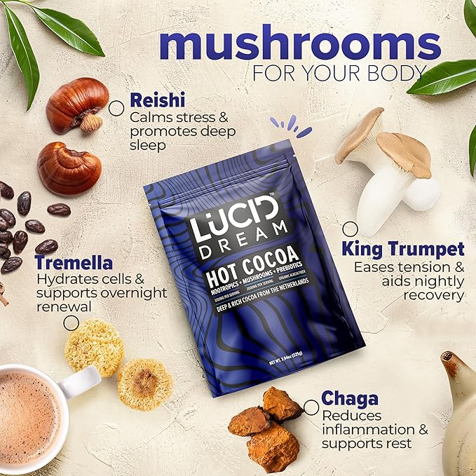 Lucid Dream Mushroom Hot Cocoa for Sleep -Dreamy Nighttime Blend with Adaptogens for Relaxation-Boosts Melatonin for Better Rest (7.94 Ounces Chocolate)
