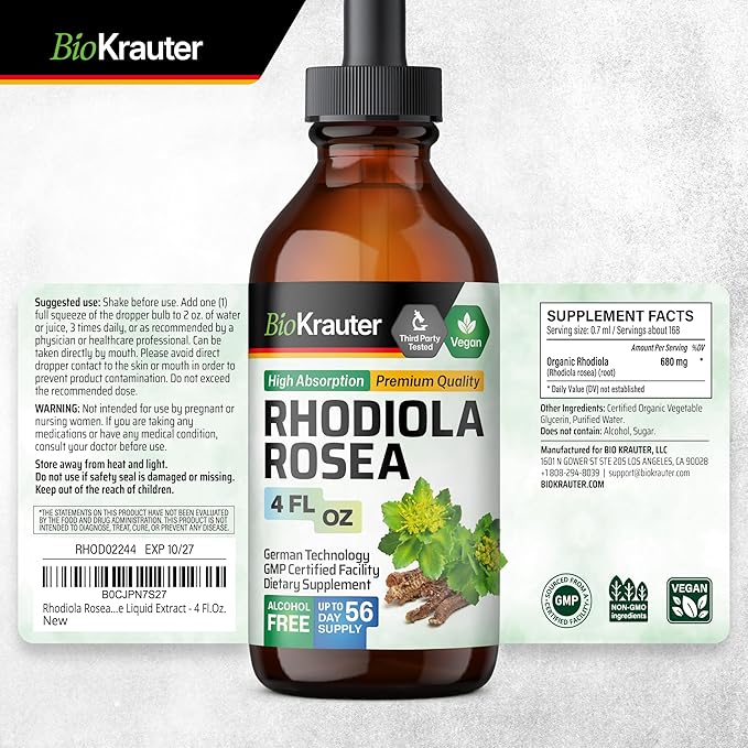 BIO KRAUTER® Rhodiola Rosea for Calm &amp Sleep Support - Vegan Rhodiola Rosea Supplement for Mood Support - Natural Calm Drops for Relaxation 4 Fl.Oz 56-Day Supply Alcohol &amp Sugar Free
