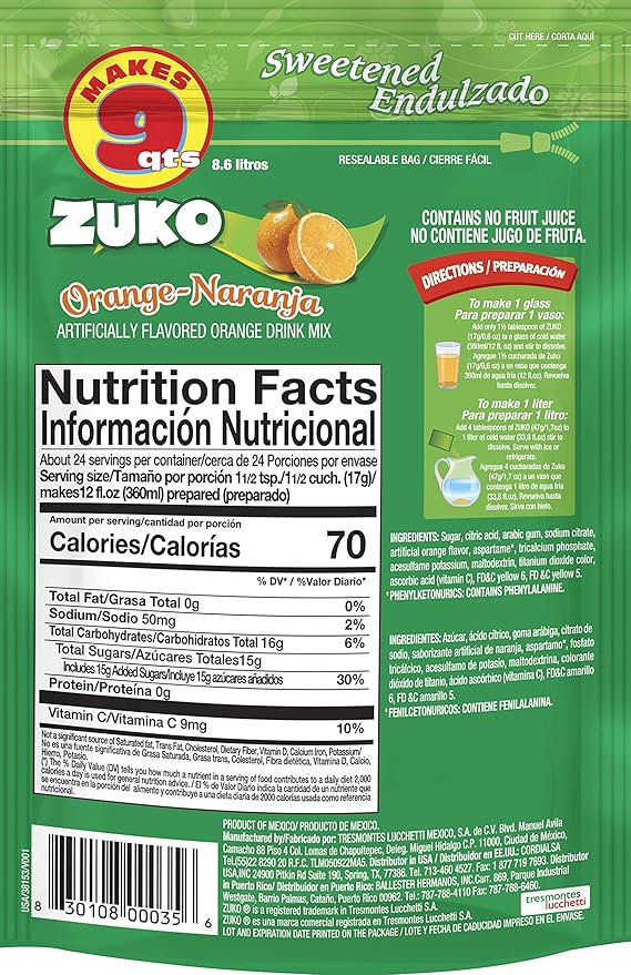 Zuko Orange Instant Powder Drink | Family Pack | No Sugar Needed | Vitamin C | 14.1 Ounce (Pack of 2)