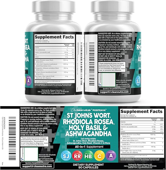 Clean Nutraceuticals St Johns Wort Rhodiola Rosea Holy Basil Ashwagandha - Mood Support for Women and Men with Vitamin C &amp Black Pepper Extract - 90 Caps